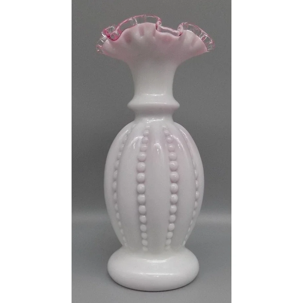 Rare Fenton Vase Peach Crest Double Crimped Beaded Melon 50's Cased 8 3/4